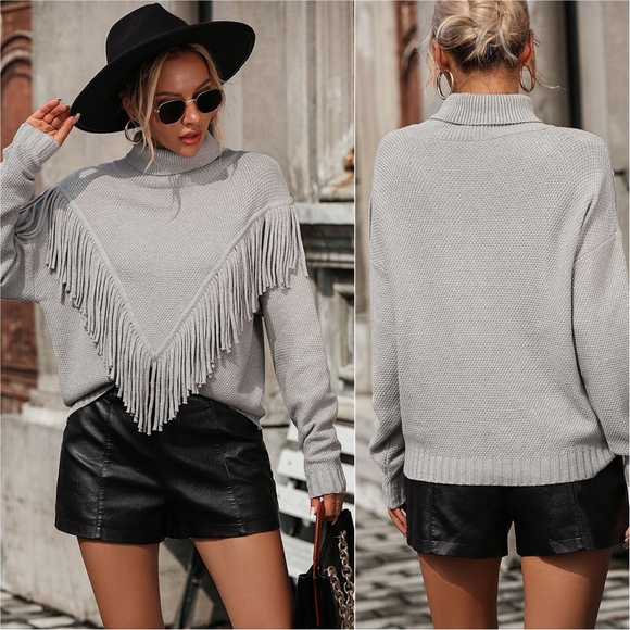 Esme Fringe Turtleneck Sweater - Gray - Picture 2 of 7